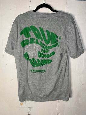 True Religion Men's Heather Grey Green Logo The Buddha Brand Graphic T-Shirt